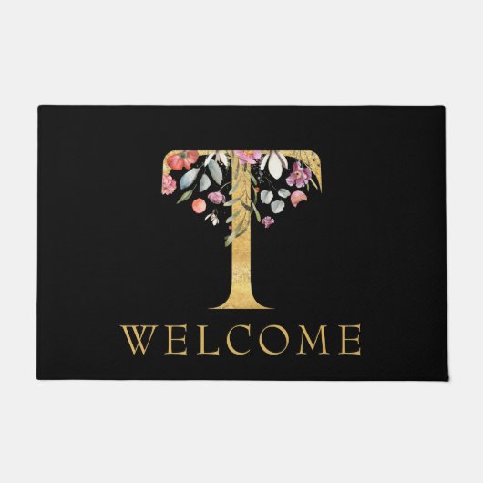 Classy Gold Monogram T met roze Florals deurmat (Voorkant)