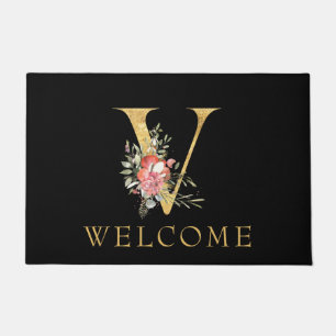 Classy Gold Monogram V met roze Florals Doormat Deurmat