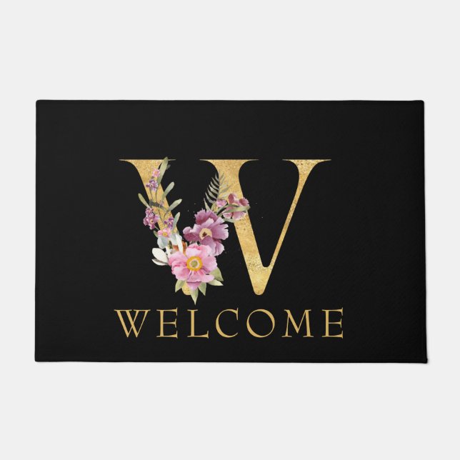 Classy Gold Monogram W met roze Florals deurmat (Voorkant)
