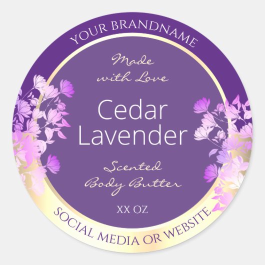 Classy Gold Paarse Bloemen Product Verpakkingslabe Ronde Sticker (Voorkant)