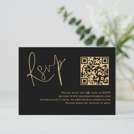 Classy Gold Script Black QR Code Mariage RSVP (Debout devant)