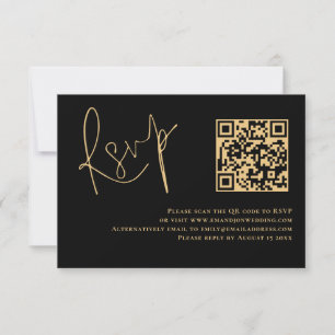 Classy Gold Script Black QR Code Wedding RSVP Kaartje