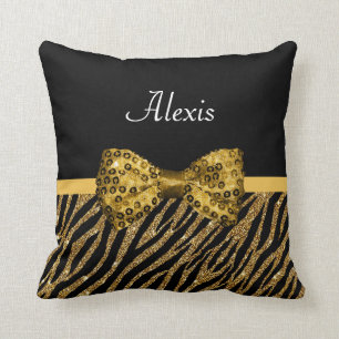 Classy Gold Zebra print FAUX Glitz Bow met naam Kussen