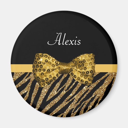 Classy Gold Zebra print FAUX Glitz Bow met naam Magneet (Voorkant)