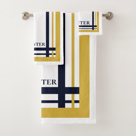 Classy Goud en Navy Striped Monogrammed Bad Handdoek (Insitu)