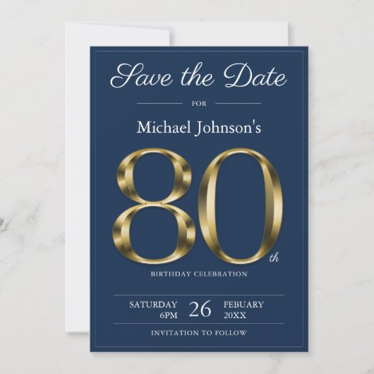 Classy Goud Navy Blauw 80ste Verjaardagsfeest Save The Date (Voorkant)