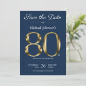 Classy Goud Navy Blauw 80ste Verjaardagsfeest Save The Date (Staand voorkant)