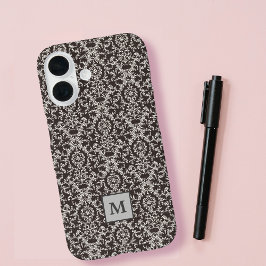 Classy Gray Black Damask Monogram iPhone 16 Hoesje