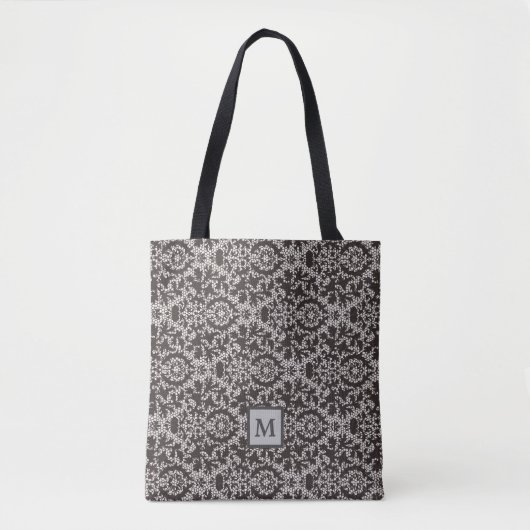 Classy Gray Black Damask Monogram Draagtas (Voorkant)