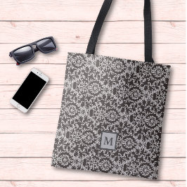 Classy Gray Black Damask Monogram Draagtas