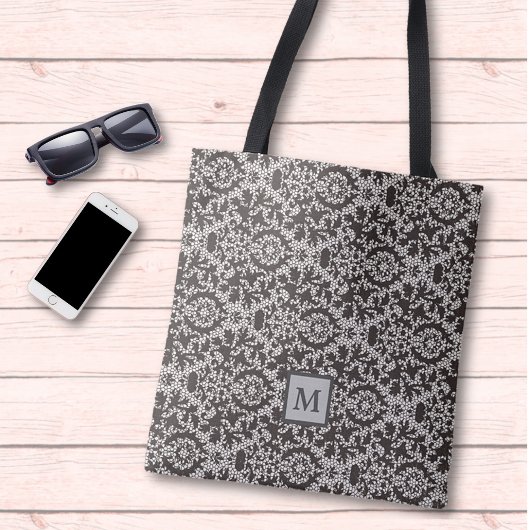 Classy Gray Black Damask Monogram Draagtas