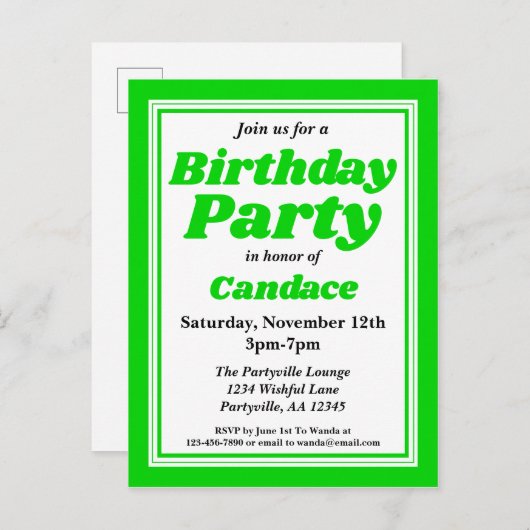 Classy Green Adult Birthday Party Uitnodiging Briefkaart (Voorkant / Achterkant)