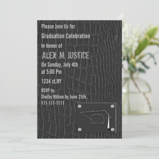 classy gris cuir fête de graduation Invitation (Debout devant)
