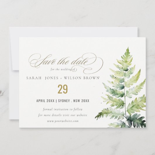 Classy Groen Goud Waterverf Fern Foliage Save The Date (Voorkant)