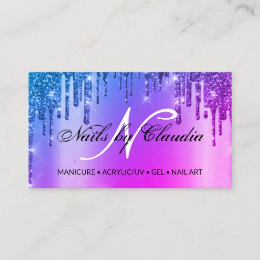 Classy holographic glitter script visitekaartje (Voorkant)