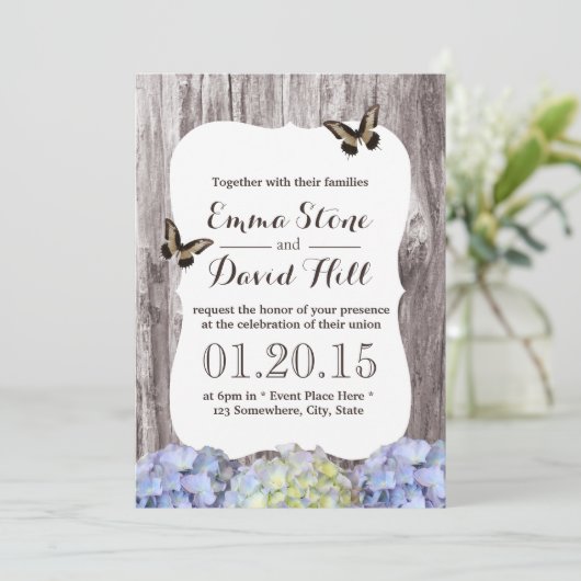 Classy Hydrangea Flowers Wood Background Wedding Kaart (Staand voorkant)