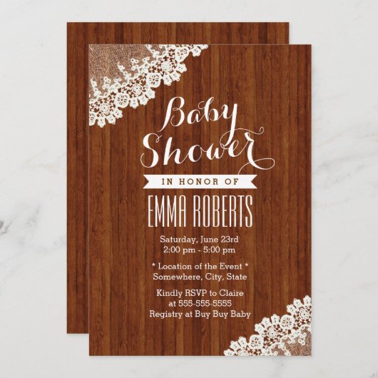 Classy Lace Corner Bois Bébé Douche Invitations (Devant / Derrière)