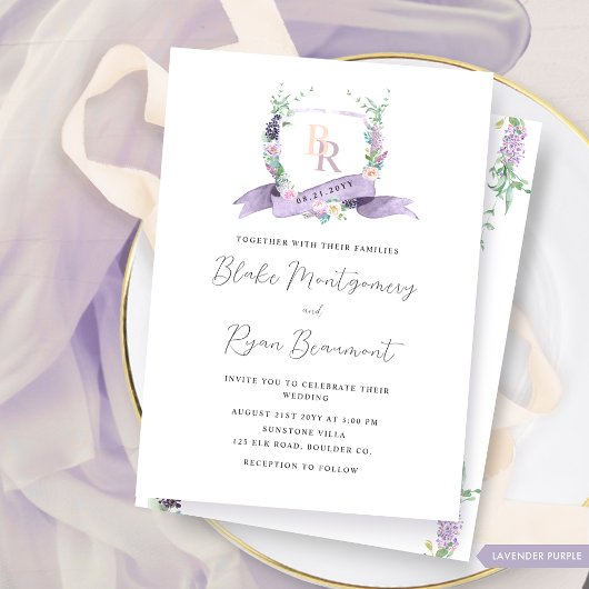 Classy lavendel, Paarse, pastel monogram bruiloft Kaart