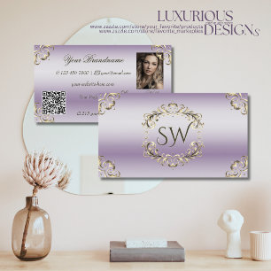 Classy Lavender Gold Monogram Foto QR-code Visitekaartje
