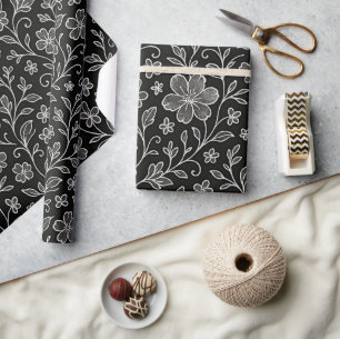 Classy Leaves Floral Art Pattern op grijs zwart Cadeaupapier