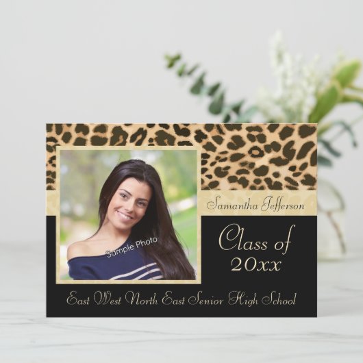 Classy Leopard Print Photo Afstuderen Aankondiging (Staand voorkant)