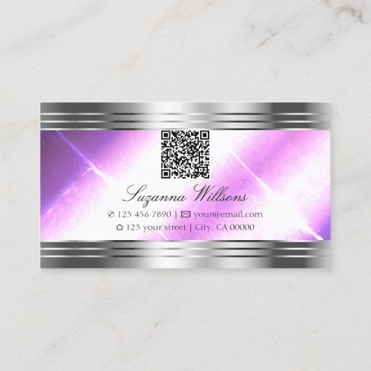 Classy Lila Silver Shimmer grenzen met QR-code Visitekaartje (Achterkant)