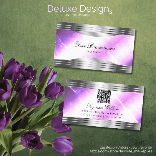 Classy Lila Silver Shimmer grenzen met QR-code Visitekaartje