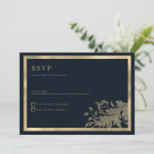 Classy marineblauw goud bloemenkant RSVP Kaart (Staand voorkant)