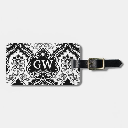 Classy Masculine Black White Damask Monogram Bagagelabel (Voorkant horizontaal)