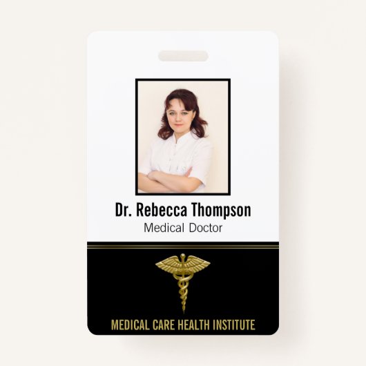 Classy Medical Gold Caduceus op zwarte foto-ID Badge (Voorkant)