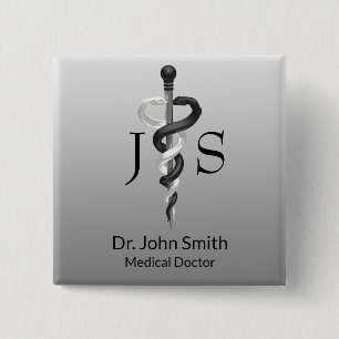 Classy Medical Noble Elegant Black White Asclepius Vierkante Button 5,1 Cm