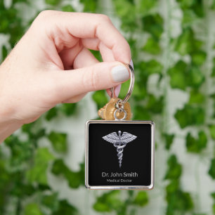 Classy Medical Silver Caduceus op Black Sleutelhanger