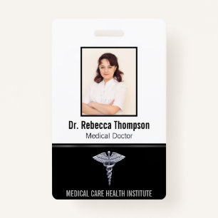 Classy Medical Silver Caduceus op zwarte foto-ID Badge