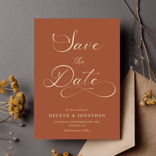 Classy minimalistische terracotta elegante bruilof save the date