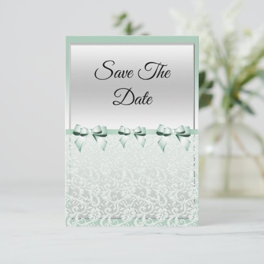 Classy Mint Green Bows & Lace Save The Date (Staand voorkant)