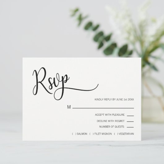 Classy Modern Black & White RSVP Menu Weddenschap (Staand voorkant)