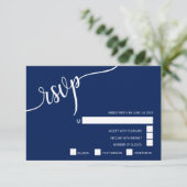 Classy Modern Navy Blue & White RSVP Menu Weddensc (Staand voorkant)