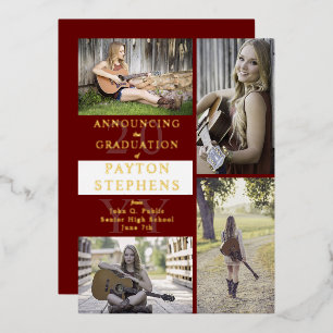Classy Modern Photo Maroon Goud wit Afstuderen Folie Uitnodiging
