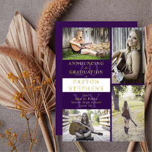 Classy Modern Photo Paars Goud wit Afstuderen Folie Uitnodiging