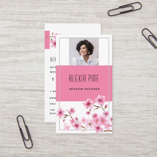 Classy Modern Professional Cherry Blossom Foto Visitekaartje (Voorkant / Achterkant in situ)