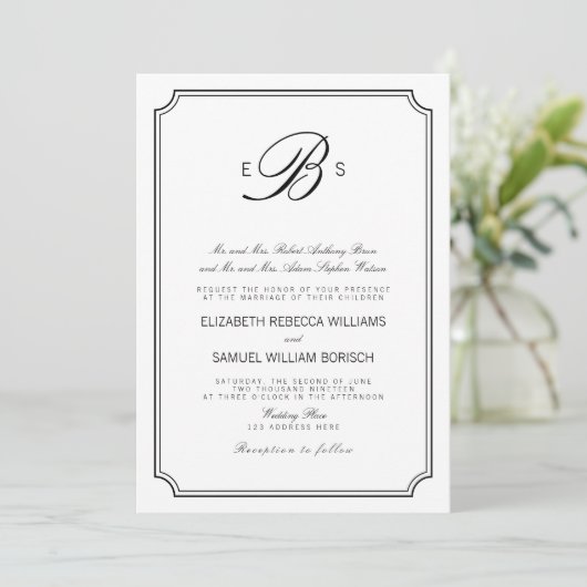 Classy Monogram Elegant White Black Wedding Invite Kaart (Staand voorkant)