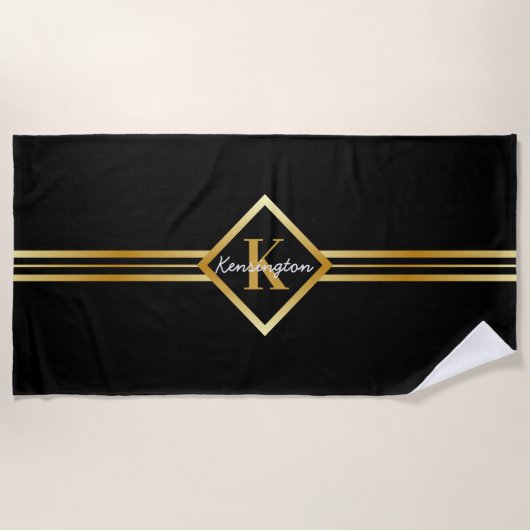 Classy Monogram Faux Gold met witte tekst op BLACK Strandlaken (Voorkant)