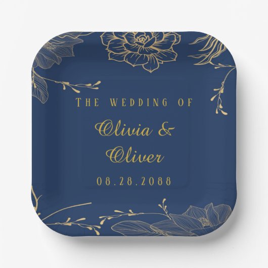 Classy Navy Blue Botanical Florals Wedding Papieren Bordje (Voorkant)