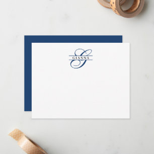 Classy Navy Blue Calligraphy Split Monogram Notitiekaartje