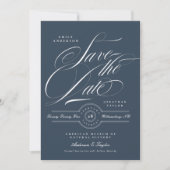 Classy Navy Blue Elegant Calligraphy Photo Back Save The Date (Voorkant)