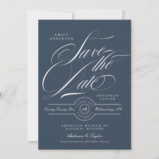 Classy Navy Blue Elegant Calligraphy Photo Back Save The Date (Voorkant)