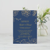 Classy Navy Blue en Gold Florals Wedding Invitati Kaart (Staand voorkant)