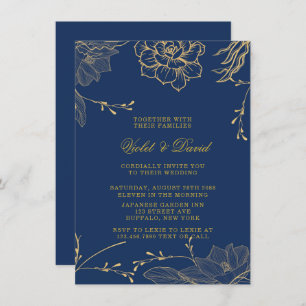 Classy Navy Blue en Gold Florals Wedding Invitati Kaart