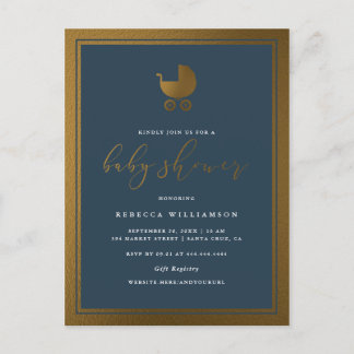 Classy Navy Blue en Gold Pram Boy Baby shower Uitnodiging Briefkaart