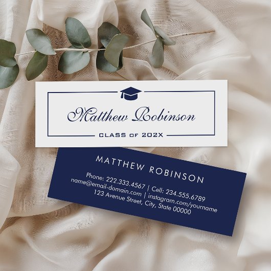Classy Navy Blue en White Afstuderen Afstuderen Mini Visitekaartje